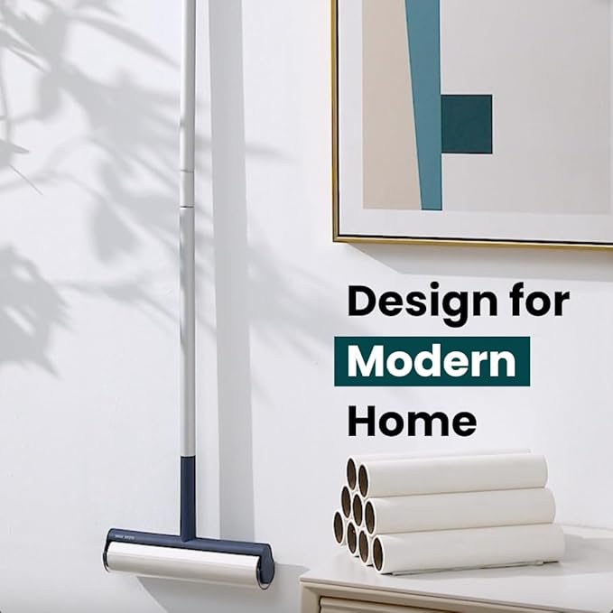 Large Lint Roller with Extra Sticky Roller and 420 Sheets 9.5" Wide, Floor Lint Roller Long Handle, Extendable to 41", Carpet, Couch, Pet Hair, Clothing Cleaning Supplies (Navy Roller + 7 Refills)