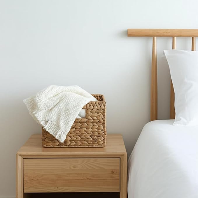 Wicker Basket For Shelves, Baskets for Organizing, Woven Storage Basket Built-in Handles for pantry, shelves, kitchen (Medium 2-Pack, Natural Water Hyacinth)