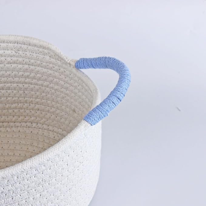 Yimi's Dream Basket for Gifts, Small Cute Shelf Baskets for Babies, Wedding, Birthday, White Rope Baskets with Blue Handle for Home Decor(Oval, 12"x 8"x 5")
