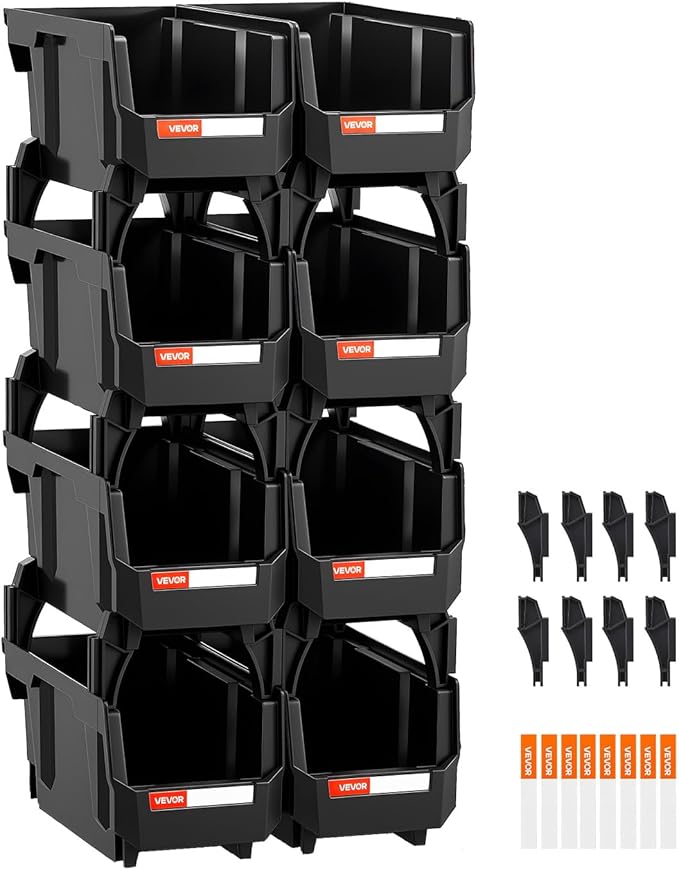 VEVOR Plastic Stackable Storage Bins, 10.9 x 5.5 x 5.1 inch (8 Pack), Plastic Containers for Organizing and Storage Bins for Closet, Garage, Small Parts, Office Supplies and Other Accessories, Black
