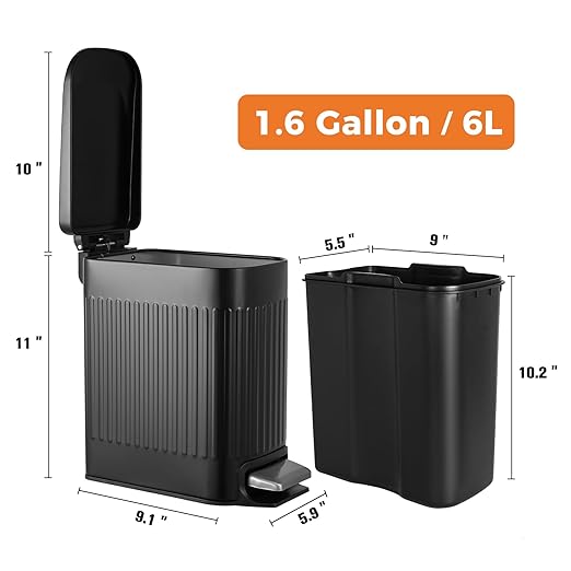 TrashAid Small Black Bathroom Trash Can with Lid Soft Close, 6 Liter / 1.6 Gallon, Stainless Steel Garbage Can with Removable Inner Bucket, Step Pedal, Slim Wastebasket for Toilet, Office, Bedroom