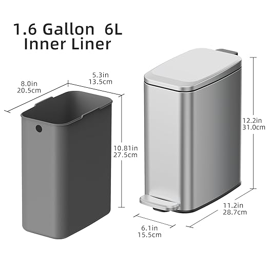 KUK Slim Bathroom Trash Can with Lid, 1.6 Gal / 6L Stainless Steel Small Garbage Bin with Detachable Inner Bucket, Step Pedal, Silent Close, Wastebasket for Toilet, Bedroom, Home, Office (Silver)