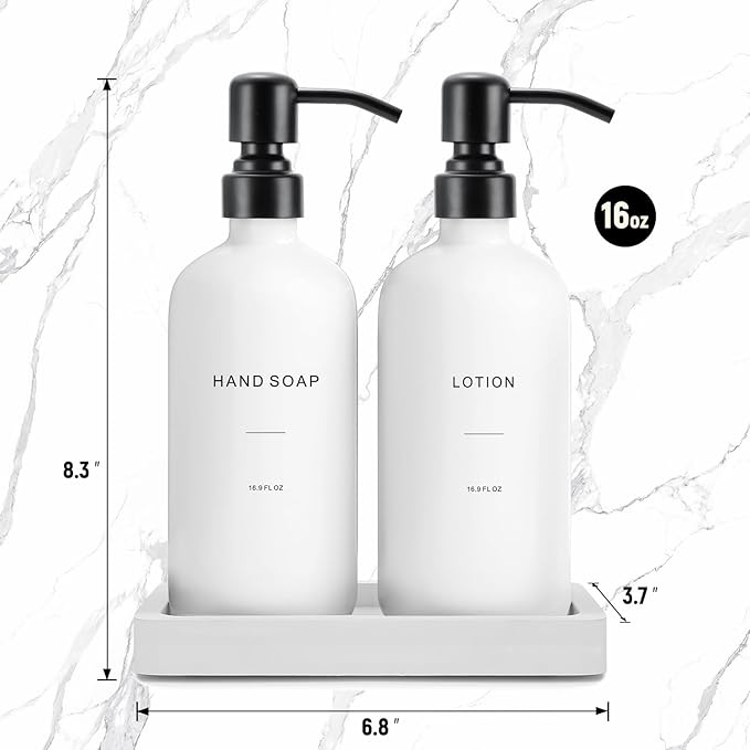 White Soap Dispenser Set, Contains Hand and Lotion Dispenser with Pump. Perfect for Guest Bathroom Decor. (White)