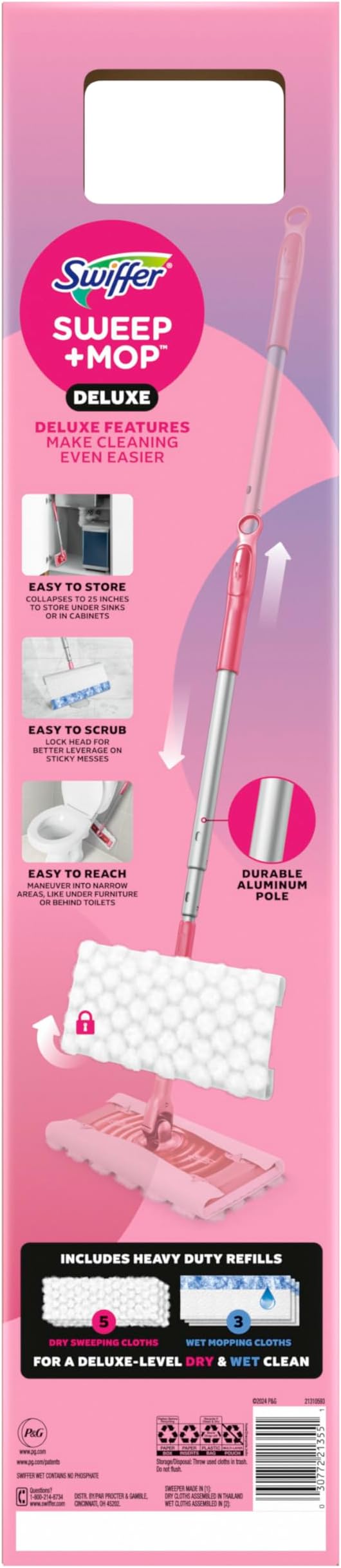 Swiffer Sweep and Mop Deluxe, Limited Edition Pink Wicked: for Good, 2-in-1 Floor Mopping and Sweeping Kit, 1 Sweeper Device, 5 Heavy Duty Dry Sweeping Cloths, 3 Heavy Duty Wet Mopping Cloths