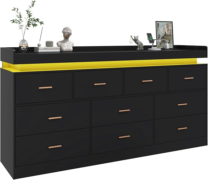 10 Drawer Dresser with Charging Station and LED Lights, Modern Chest of Drawers with Power Outlet, Organizer Cabinet for, Living Room, Entryway, Black