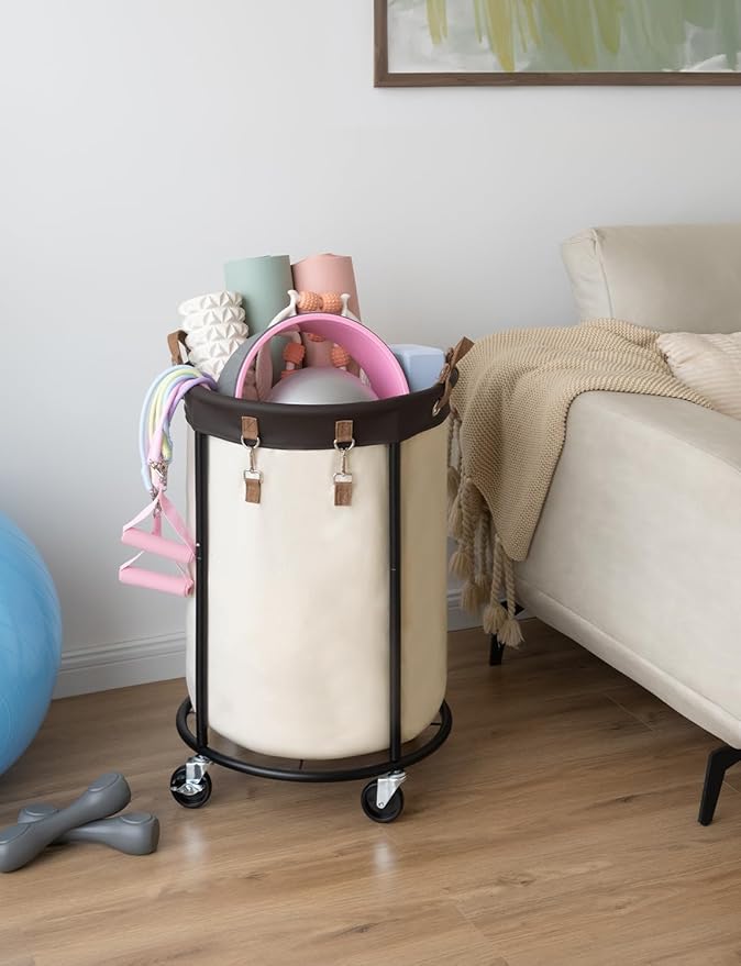 StorageWorks 110L Rolling Laundry Basket, Clothes Hamper with Wheels, Round Clothing Cart with Steel Frame and Removable Bag, 4 Casters and 2 Brakes, Beige, 1-Pack