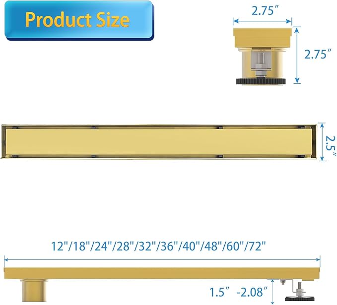 Linear Shower Drain, 48 inch Gold Drain with Tile Insert 2-in-1 Panel, Brushed 304 Stainless Steel Gold Shower Floor Drain, Linear Drain with Hair Strainer and Adjustable Feet