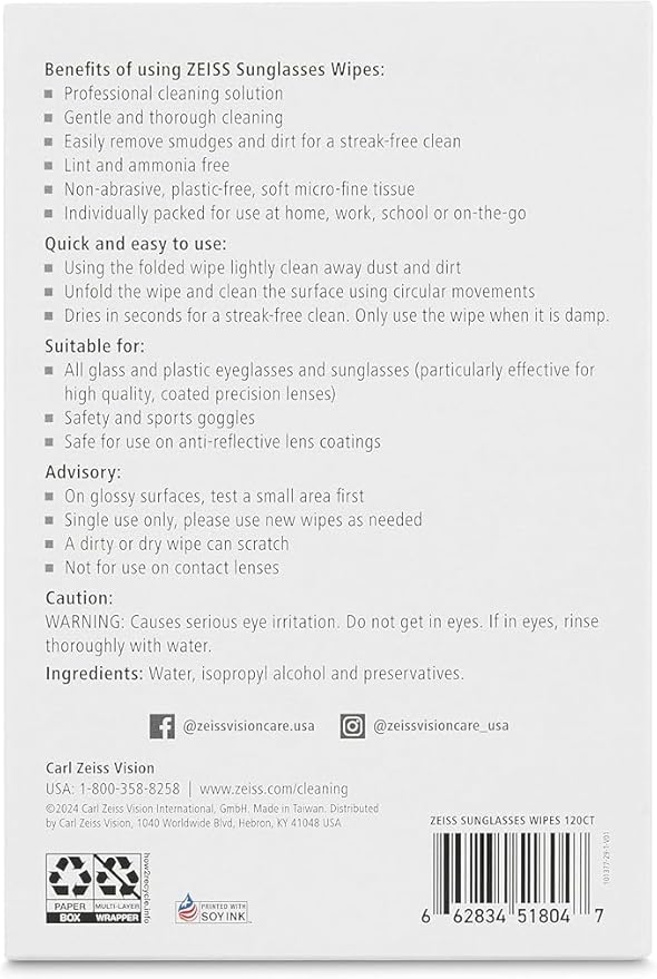 ZEISS Pre Moistened Sunglasses Cleaning Wipes 120 Count