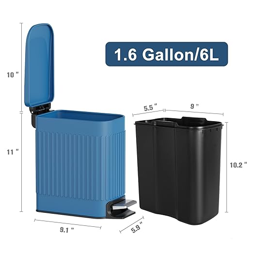 TrashAid Slim Bathroom Trash Can with Lid Soft Close, 6 Liter/1.6 Gallon Stainless Steel Small Garbage Can with Removable Inner Bucket, Step Pedal, Slim Wastebasket for Toilet, Office, Bedroom, Blue