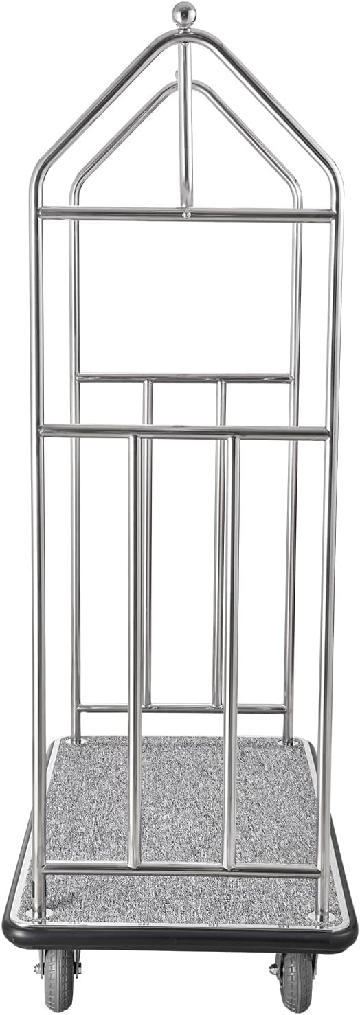 VEVOR Hotel Luggage, 800 LBS Load Capacity, Brushed Stainless Steel Finish Bellman's Cart, Valet Cart with Grey Carpeted Deck and 6-inch Rubber Wheels, Ideal for Hotels, Condos, Resorts, Silver