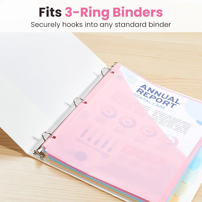 Sooez 8-Tab Binder Dividers with Two Pockets, 8 Tabs Dividers for 3 Ring Binder Organizers, 3-Hole Plastic Sheets Protectors for US Letter Size, School, College, Office Supplies, Pastels, Set of 1