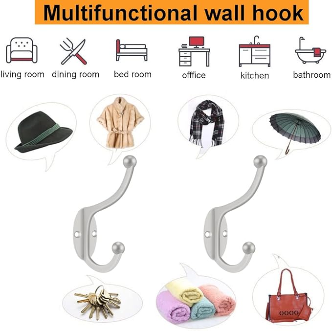 ZEYU Wall Hooks, 10Pcs Coat Hooks Hardware Towel Hooks for Hanging Coats Double No Rust Black Robe Hooks Wall Mounted with Screws for Key, Towel, Bags, Cup, Hat