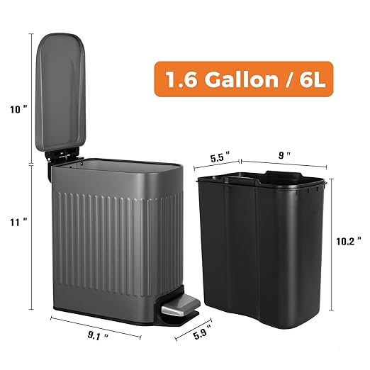 TrashAid Small 1.6 Gallon Stainless Steel Trash Can with Removable Inner Bucket, Grey, Hands Free Step Pedal Design
