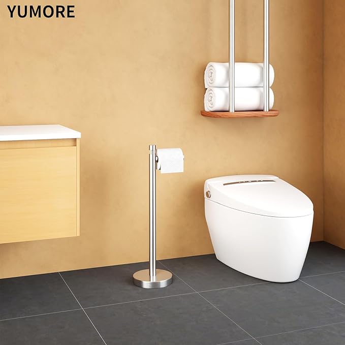 YUMORE Toilet Paper Holder Stand Freestanding, Weighted and Sturdy Brushed Nickel Stainless Steel Design with Non-Slip Cap, Rustproof Tissue Roll Holder for Modern Bathroom, RV
