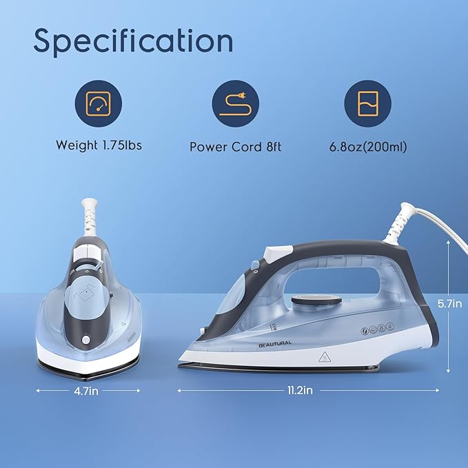 BEAUTURAL Steam Iron for Clothes, Non-Stick Soleplate, Burst of Steam, Spray Mist, Self-Cleaning, Anti-Calcium, Anti-Drip, Easy Temperature Control, Light Weight, 1200 Watts