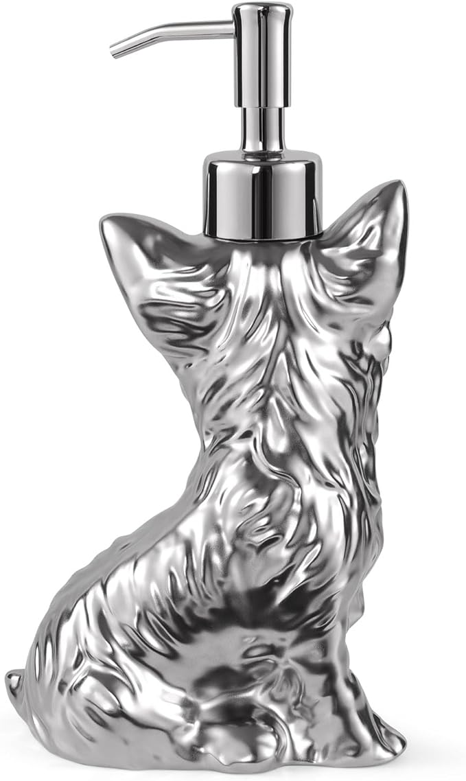 Yorkshire Terrier Shaped Soap/Lotion/Hand Sanitizer Dog Lover Stainless Steel Pump Dispenser for Dog Gifts, Refillable for Kitchen and Bathroom(Silver)