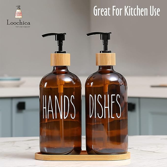 Amber Glass Soap Dispenser Set with Tray, Amber Dish and Hand Soap Dispenser Set, Refillable Reusable Apothecary Soap Pump Dispenser Bottles for Bathroom and Kitchen