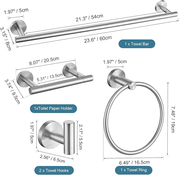 TURS Brushed Steel 5 Piece Bathroom Hardware Set, SUS304 Stainless Steel Bath Towel Bar Set, 24 Inch Bathroom Accessories Kit Wall Mounted