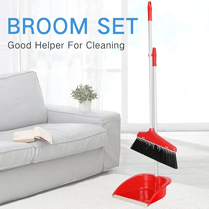 WILLBOND Set of 8 Broom and Dustpan Set Long Handle Broom with Upright Standing Dustpan Broom with Dustpan Combo Set Dust Pan with Long Handle for Lobby Kitchen Office Floor Outdoor Cleaning (Red)