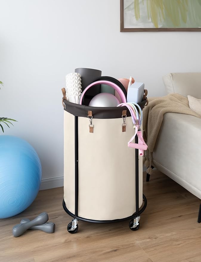 StorageWorks 170L Rolling Laundry Basket, Clothes Hamper with Wheels, Round Clothing Cart with Steel Frame and Removable Bag, 4 Casters and 2 Brakes, Beige, 1-Pack