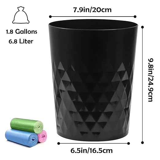 YGJT Small Trash Can, 3 Pack 1.8 Gallons Bathroom Trash Can, Slim Waste Basket, Round Garbage Can, Plastic Trash Bin for Kitchen, Dorm, Bedroom, Office, Living Room, Study, Compact Spaces(Black B)