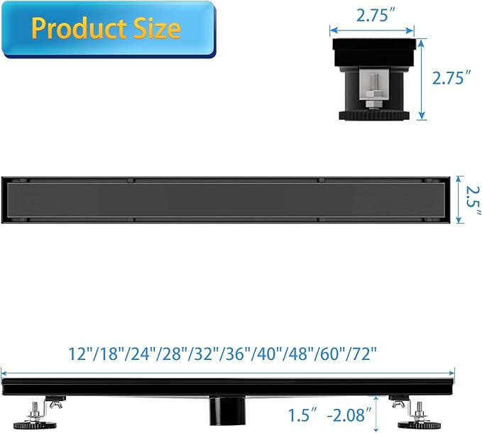 Linear Shower Drain, 18 inch Black Drain with Tile Insert 2-in-1 Panel, Brushed 304 Stainless Steel Shower Floor Drain, Linear Drain with Hair Strainer and Adjustable Feet