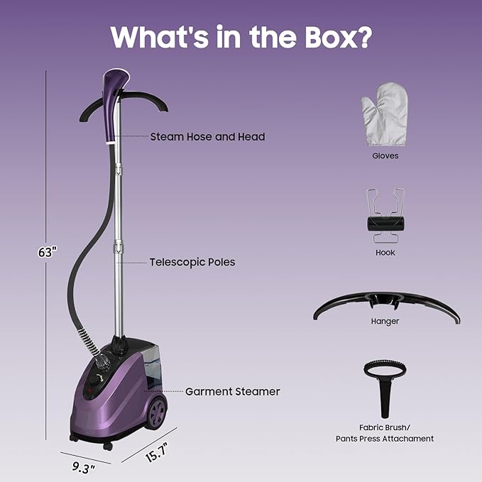 X-Large 3.8L Water Tank Steamer for Clothes, 1500W Powerful Standing Garment Steamer, 90 Mins Continuous Steaming, 45s Fast Heat-Up, Wheels for Easy Movement