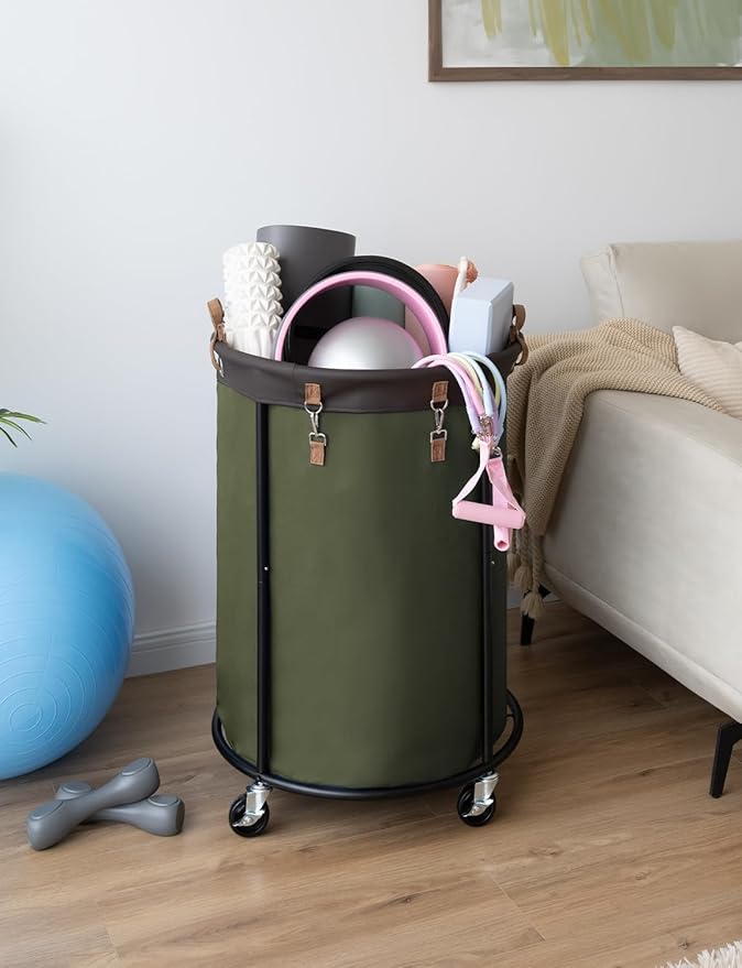 StorageWorks 170L Rolling Laundry Basket, Clothes Hamper with Wheels, Round Clothing Cart with Steel Frame and Removable Bag, 4 Casters and 2 Brakes, Green, 1-Pack