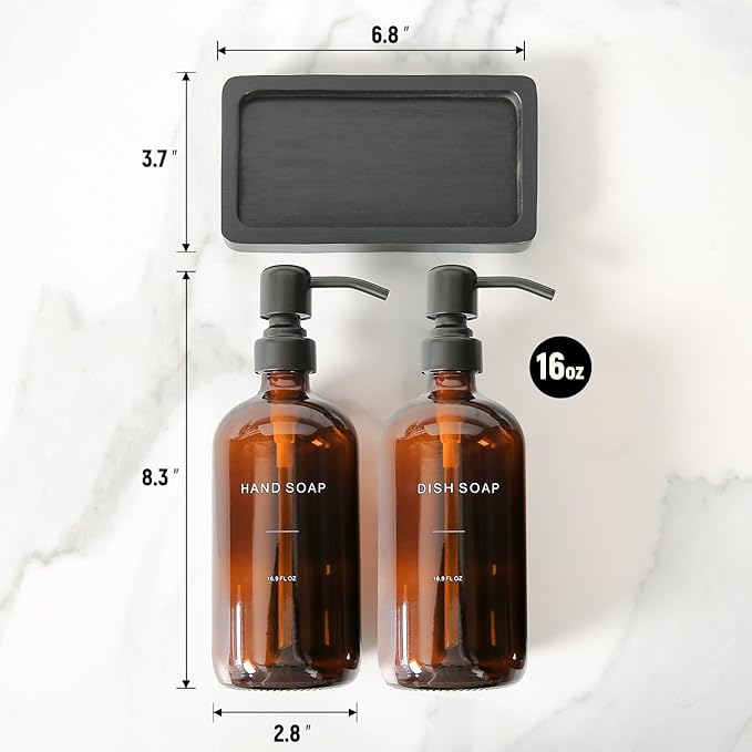 Amber Soap Dispenser Set, Soap Dispenser for Kitchen Sink with Black Stainless Steel Pump, Perfect for Kitchen Accessories Decor. (Amber)