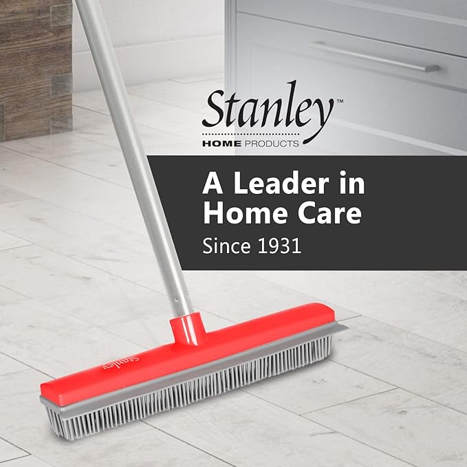 Stanley Home Products Rubber Broom with Adjustable Handle – for Carpets Floors Stairs Upholstery – Electrostatic Action Removes Pet Hair Lint Fuzz Dirt – Built-in Squeegee Tackles Wet Messes