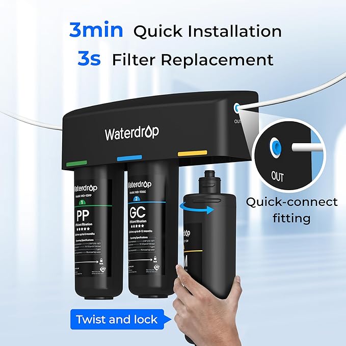 Waterdrop TSB-CM Under Sink Water Filter System Reduce Chloramine for CA, FL and Washington, D.C., NSF/ANSI 42 Certified Element, Reduces Chloramine, Chlorine, with Brushed Nickel Faucet