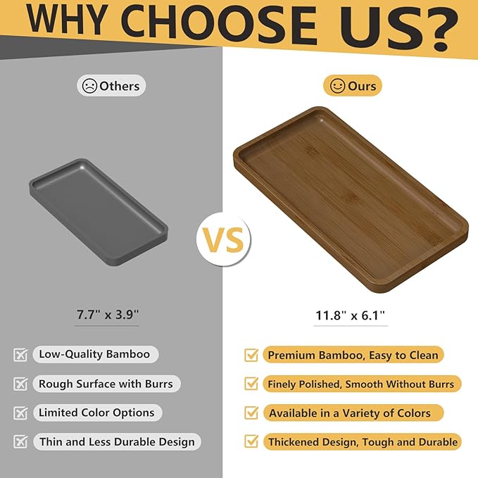 Weenson Bathroom Vanity Tray for Countertop Makeup Jewelry Perfume Decor Candle, Bamboo Kitchen Tray for Soap Dispenser Spice Salt Oil, Brwon Tray for Toilet Tank Coffee Nightstand Set of 2