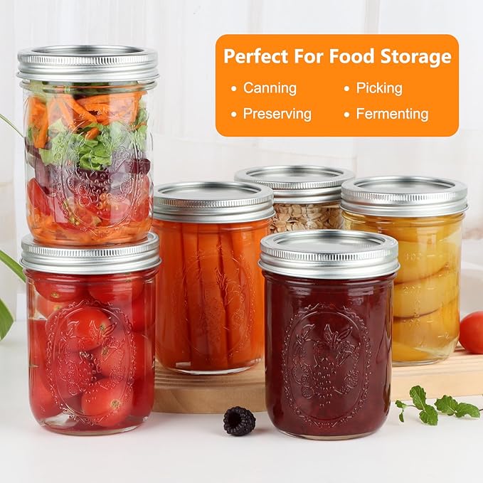Wide Mouth Mason Jars 16 oz with Airtight Lids and Bands, 6 Pack Canning Jars, Clear Glass Pint Jars for Canning, Fermenting, Pickling, Meal Prep, Overnight Oats