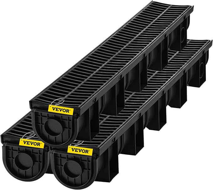 VEVOR Trench Drain System, Channel Drain with Plastic Grate, 5.9x5.1-Inch HDPE Drainage Trench, Black Plastic Garage Floor Drain, 3x39 Trench Drain Grate, with 3 End Caps, for Garden, Driveway-3 Pack
