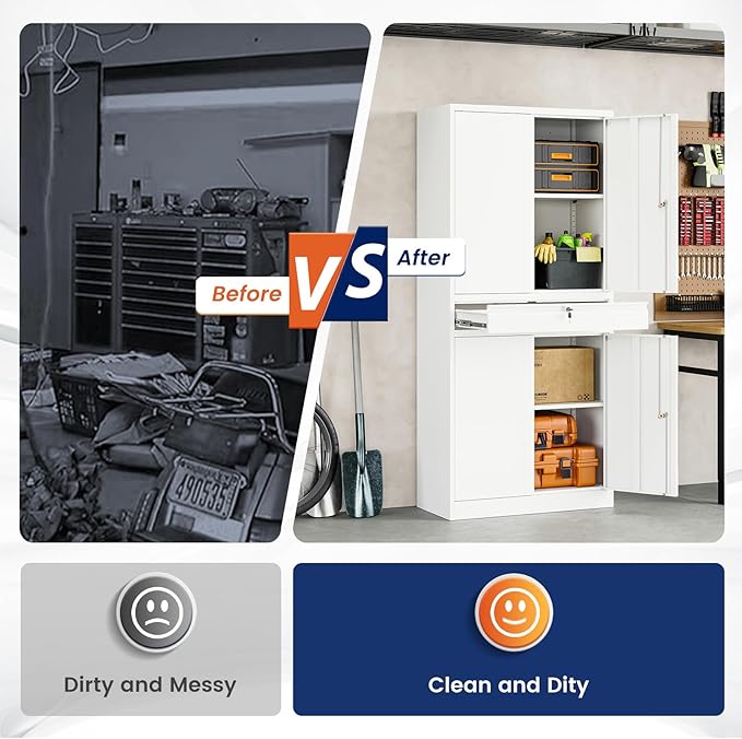 Yizosh Metal Garage Storage Cabinet with Locking Doors and Adjustable Shelves, 71" Tool Storage Cabinet with 1 Drawer for Garage,Office,Warehouse (White)