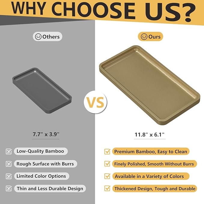 Weenson Gold Bathroom Vanity Tray for Countertop Jewelry Makeup Perfume Candles Decor, Bamboo Kitchen Tray for Soap Dispenser Spice Salt, Gold Tray for Toilet Tank Coffee Nightstand Set of 2