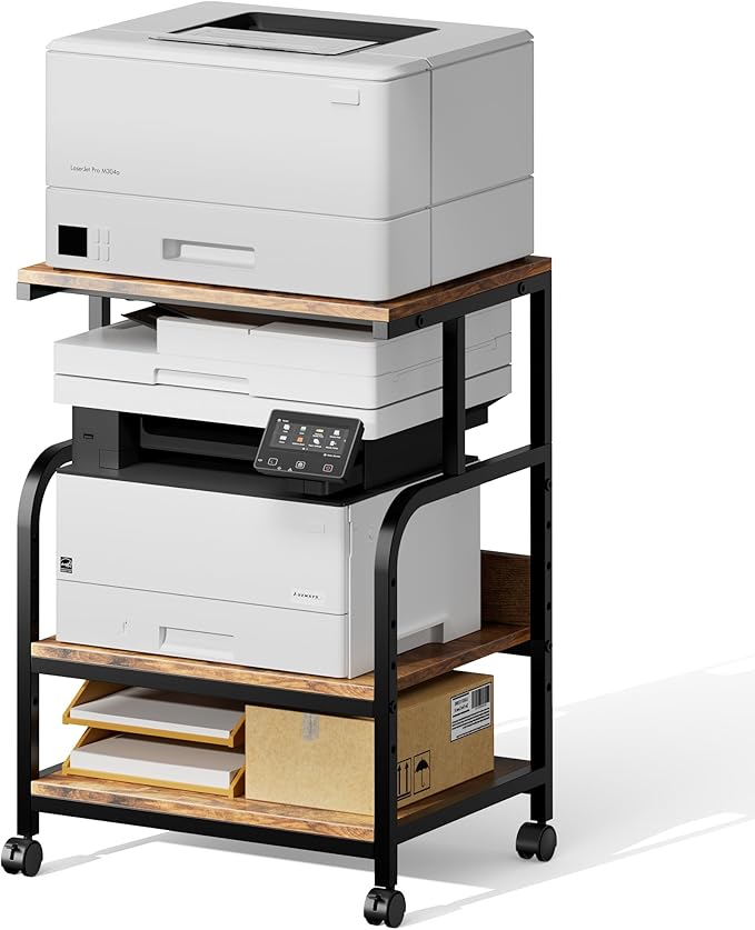 Warmiehomy Printer Stand, 20×16×28'' Printer Table with Wheels, 3 Tier Rolling Cart with Adjustable Storage Shelf, Space Saving 3D Desk for Home Office, Mini Fridge & Heat Press Stand, Rustic Brown