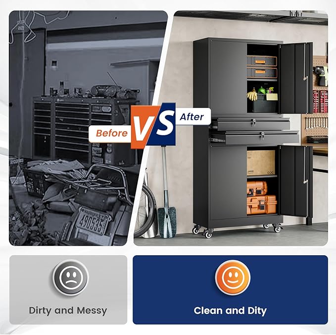 Yizosh Metal Garage Storage Cabinet with Locking Doors and Adjustable Shelves, 74" Rolling Tool Storage Cabinet with 4 Wheels and 2 Drawer for Garage,Warehouse