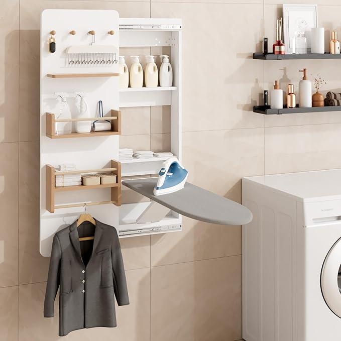 Wall Mounted Ironing Board Cabinet with Storage, Foldable Wall Ironing Board with Sliding Door, Wall Mount Space Saving Ironing Station for Laundry Room, Living Room, Entrance