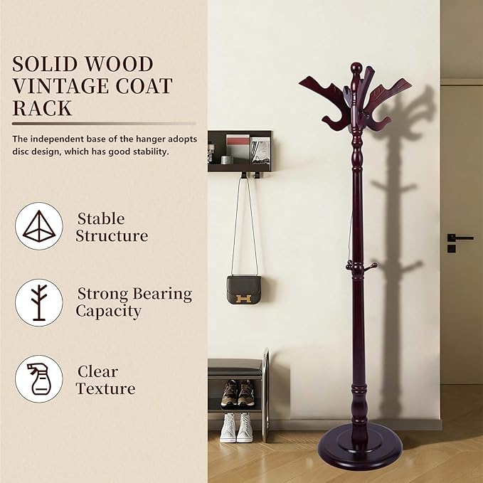 Wooden Coat Rack Free standing, Vintage Coat Rack Stand for Entryway, Adjustable Height 73", Heavy Duty Coat Tree with Solid Round Base for Home Bedroom, Office (Hummingbird)