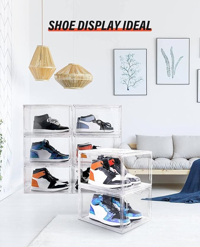 KDOR Shoe Box Clear Plastic Stackable for Sneakers,Closet,Hat. 10 Pack Sneaker Storage Boxes with Magnetic Door, Acrylic Display Case, Strong and Sturdy Fit Shoe Size Up to US 15