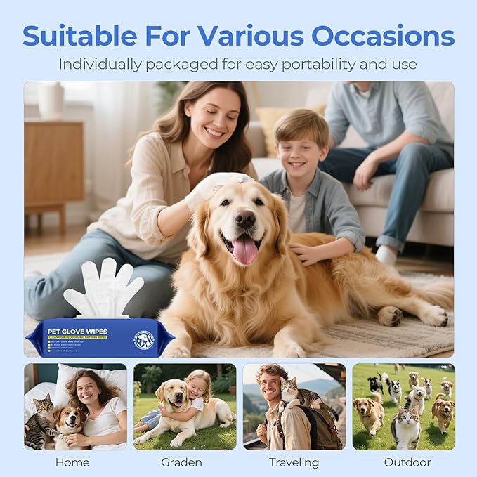 Pet Cleaning Glove Wipes for Dogs & Cats, Hypoallergenic Deodorizing Disposable No-Rinse Grooming Wipes, Wipes, Perfect for Pet Dry Cleaning, Daily Care and Travel, Coconut Scent, 8 pcs