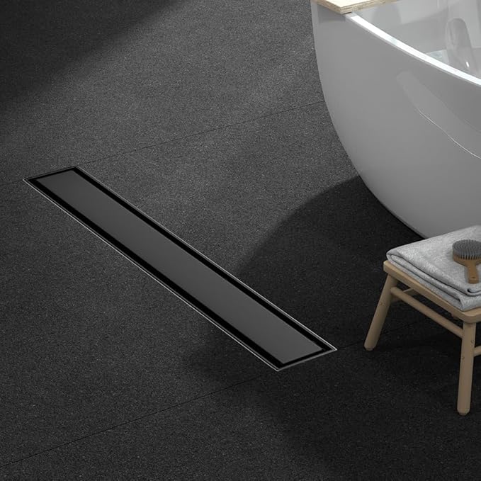 Linear Shower Drain 54 Inch Black, Brushed AISI 304 Stainless Steel Shower Drain with 2-in-1 Tile Insert Panel, for Bathroom, Kitchen, Garage & More