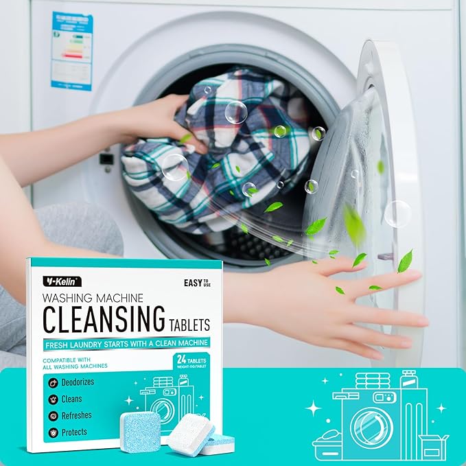 Washing Machine Cleaner Tablets 24 Pack -1 Year Supply for HE Front Loader & Top Load Washer,Septic Safe Washer Machine Cleaner Tablets, Deep Clean,Eco-Friendly Deodorizer