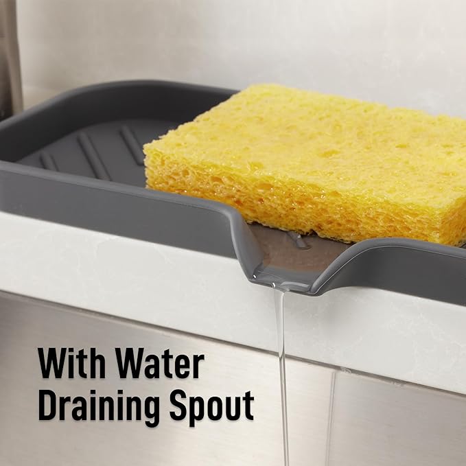 Zulay Kitchen Large Silicone Sponge Holder (12x4) – Flexible Sink Organizer Tray for Kitchen & Bathroom – Multipurpose Soap Dish for Sponges, Makeup, Trinkets & More (Grey)