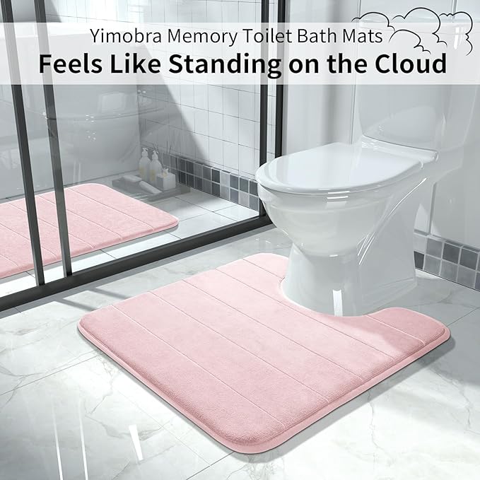Yimobra Memory Foam Toilet Bath Mat U-Shaped, Soft and Comfortable, Super Water Absorption, Non-Slip, Thick, Machine Wash and Easier to Dry for Bathroom Commode Contour Rug, 24 X 24 Inches, Pink