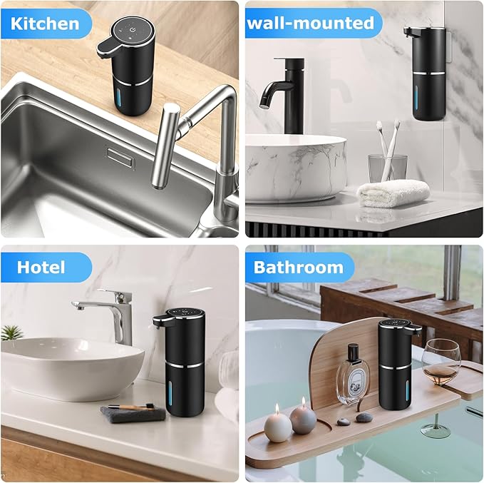 2 Pack Automatic Soap Dispensers,12.8oz/380ml USB Touchless Automatic Foaming Soap Dispenser,Rechargeabled Wall Mounted Smart Soap Dispenser for Bathroom Kitchen Dish Soap(Black)
