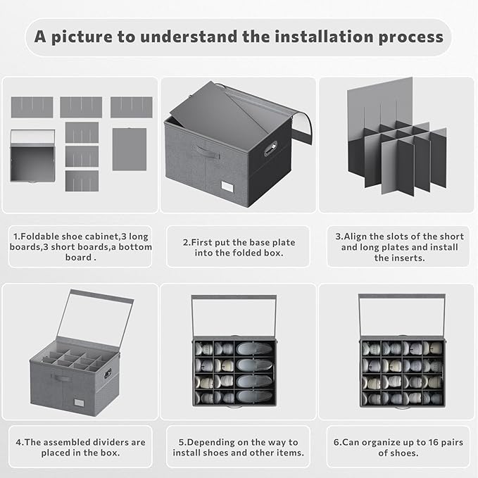 FHSQX Shoe Organizer for Closet,Fits 12 Pair,Shoe Storage Bins with Clear Cover & Adjustable Dividers for Shoes,Shoe Box Storage for Handbags,Blankets,Linen,Clothing (Grey, (19.7 * 15.7 * 13) x1)