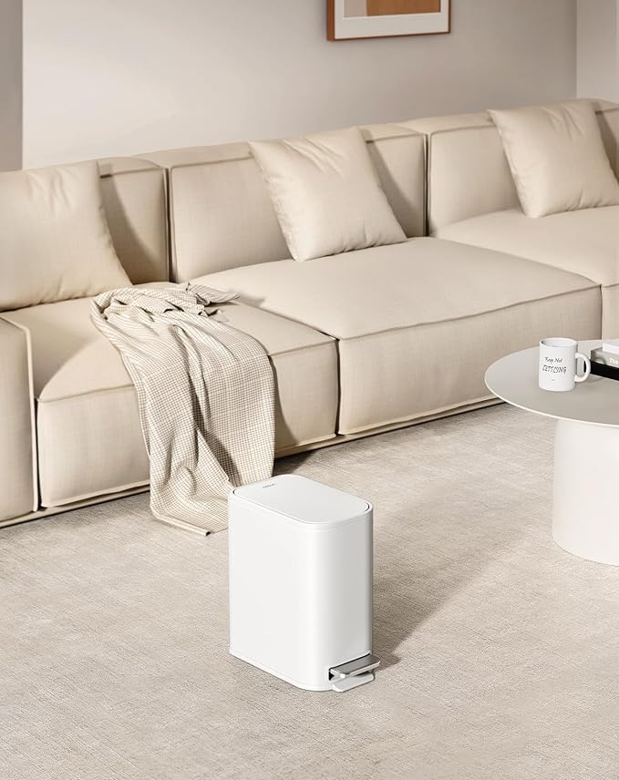 Cesun Small Bathroom Trash Can with Lid Soft Close, Step Pedal, 5 Liter / 1.3 Gallon Stainless Steel Garbage Can with Removable Inner Bucket, Waste Basket for Bathroom, Bedroom (White)