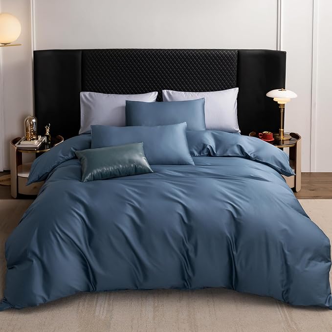 MooMee Queen Duvet Cover Set, 100% Extra Long Staple Cotton 600 Thread Count Sateen Silky Soft Breathable Durable Luxury Hotel Quality Bedding Set, 3 Pieces (Dark Blue, 90"x90")
